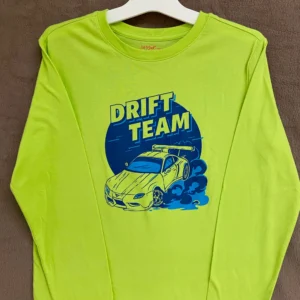 A neon green long sleeve shirt with a car on it.