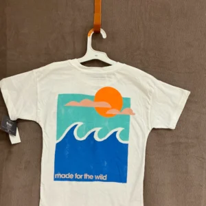 A t-shirt hanging on the wall with a hanger.