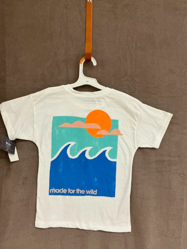 A t-shirt hanging on the wall with a hanger.